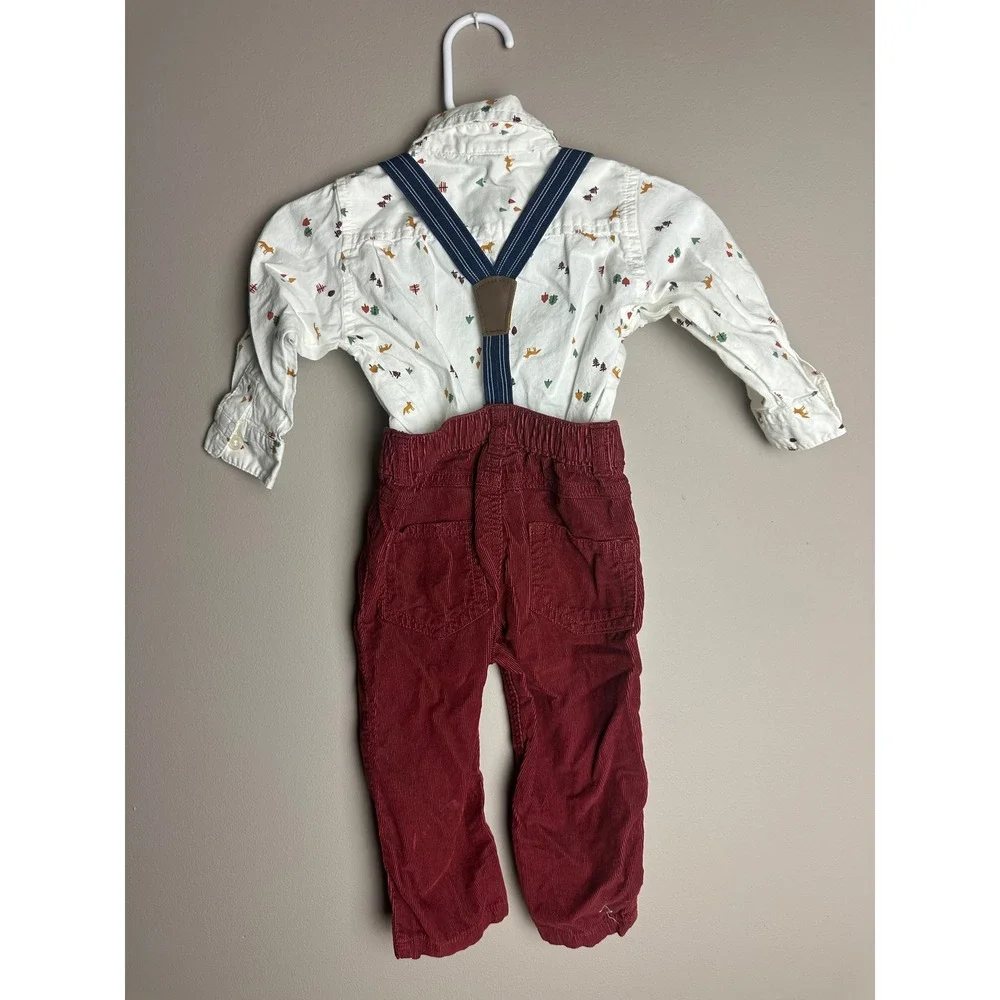 Old Navy Baby Boy Woodland Fox Shirt Corduroy Pants Suspenders Bow Tie Set 6-12M